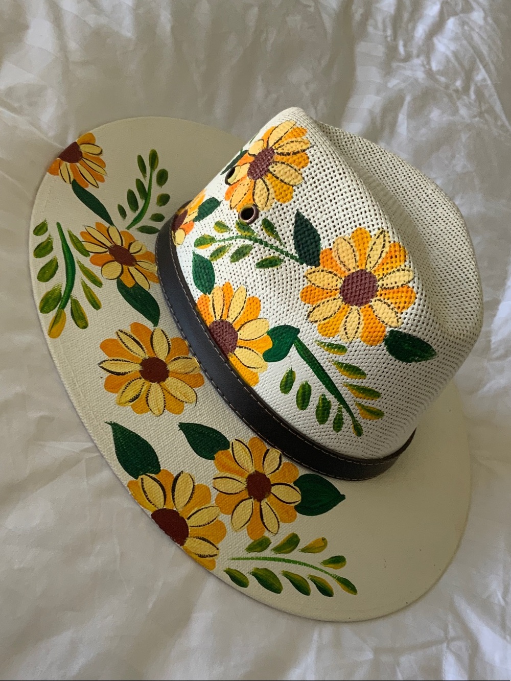 Hand-Painted Yellow Floral Straw Fedora Hat - Women Accessories